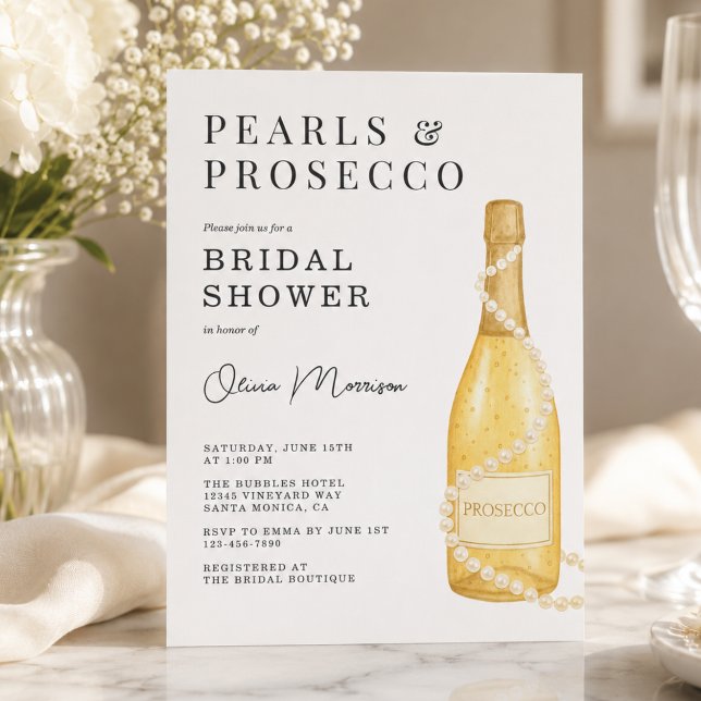 Convite Chá de Noiva Pérolas Elegantes e Prosecco (Criador carregado)