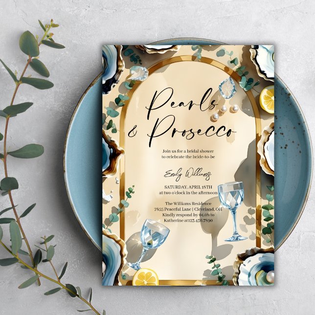 Convite Chá de Noiva Pérolas Elegantes & Prosecco (Pearls & Prosecco Bridal Shower – Oyster, Bubbly Glasses, Luxe Arch, Personalized)
