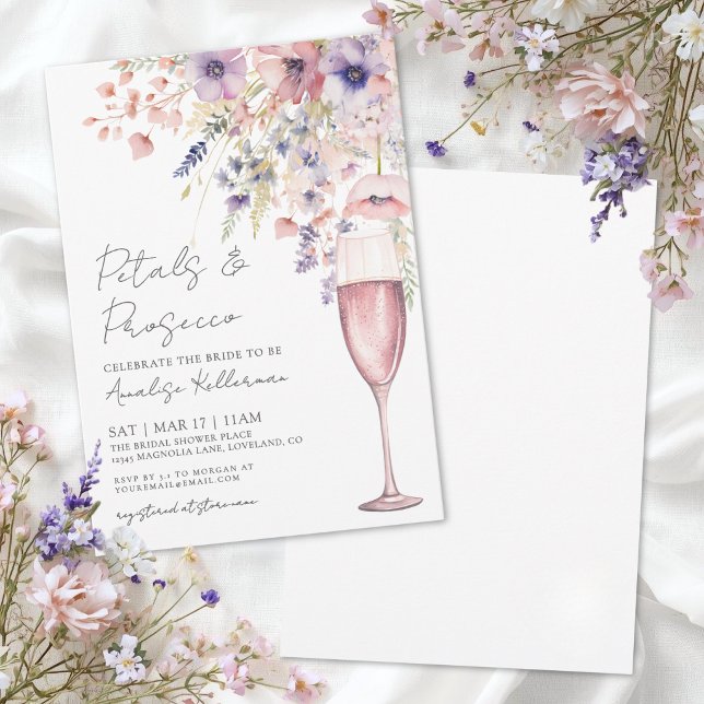 Convite Chá de Noiva Pétalas e Prosecco com Flores Silvest (Petals And Prosecco Wildflower Bridal Shower Invitation)