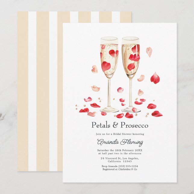 Convite Chá de Noiva Pétalas & Prosecco Champagne (Frente/Verso)