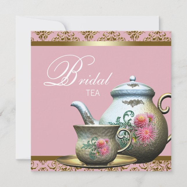Convite Chá de Noiva Pink Gold Damask (Frente)