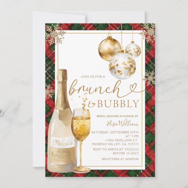 Convite Chá de Noiva Plaid Brunch e Bubbly Dourado (Frente)