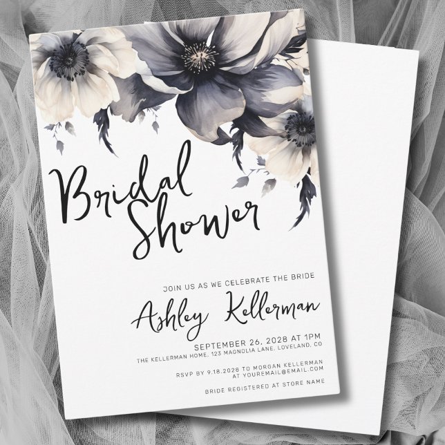 Convite Chá de Noiva Preto Branco Floral (Chic Elegant Floral Black White Bridal Shower Invitation)