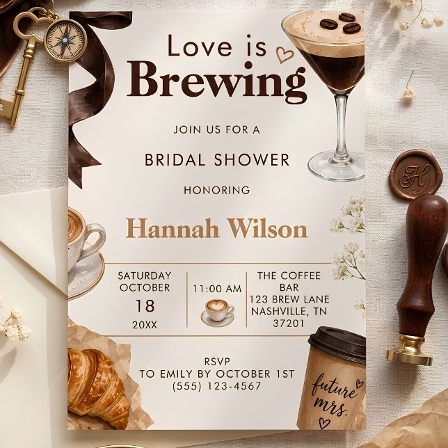 Convite Chá de Noiva Quente Amor Editorial Está Sendo Prep (Love is Brewing Espresso Martini Bridal Shower Invitation)