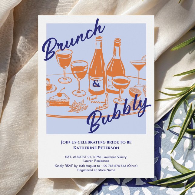 Convite Chá de noiva retrô azul laranja “Brunch & Bubbly” (Criador carregado)