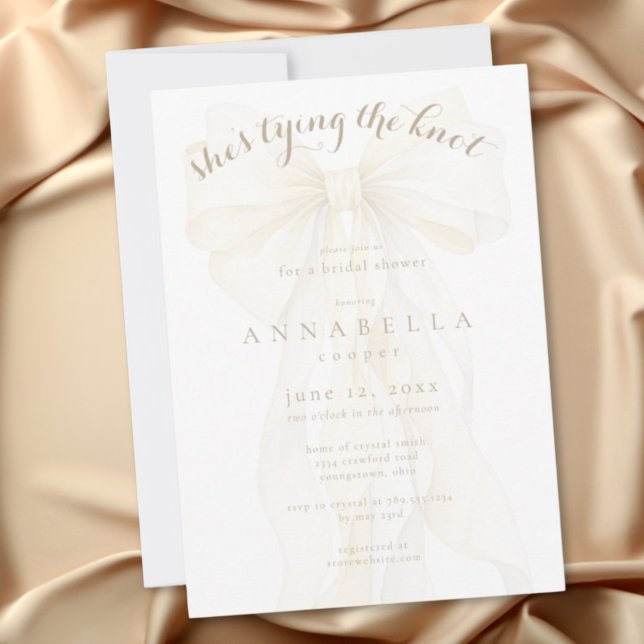 Convite Chá de Noiva Romântico com Laço de Marfim (Romantic Ivory Bow Tying the Knot Bridal Shower Invitation)