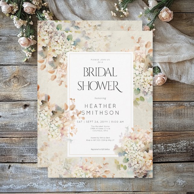 Convite Chá de Noiva Romântico Neutro Vintage com Hortênsi (Romantic Neutral Vintage Hydrangeas Bridal Shower Invitation)