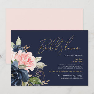 Convite Chá de Noiva Rosa Bege Dourado Floral