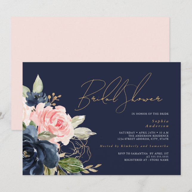 Convite Chá de Noiva Rosa Bege Dourado Floral (Frente/Verso)