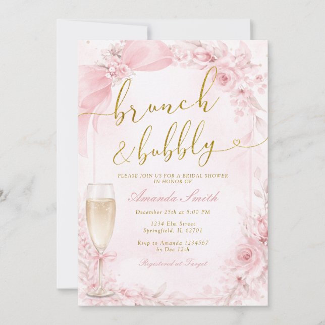 Convite Chá de Noiva Rosa com Brunch e Champanhe Bubbly (Frente)