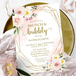Convite Chá de Noiva Rosa Floral Dourado Brunch e Borbulha