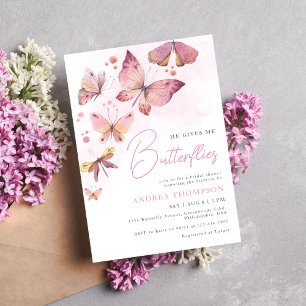 Convite Chá de Noiva Rosa Moderno Ele Me Dá Borboletas no 