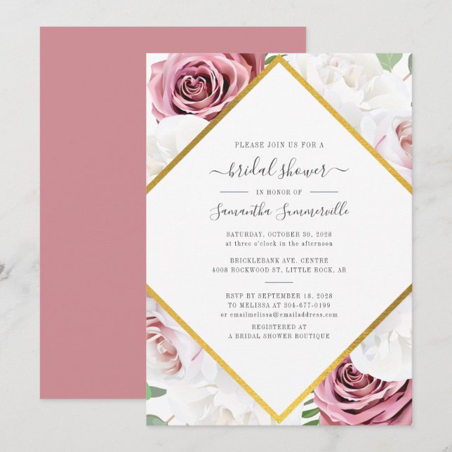 Convite Chá de Noiva Rose Gold Floral Botânico Geométrico (Frente/Verso)