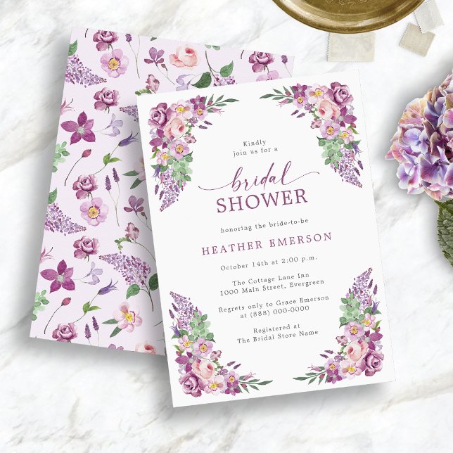 Convite Chá de Noiva Roxo Floral (Lavender Vintage Bridal Shower Invitation
)