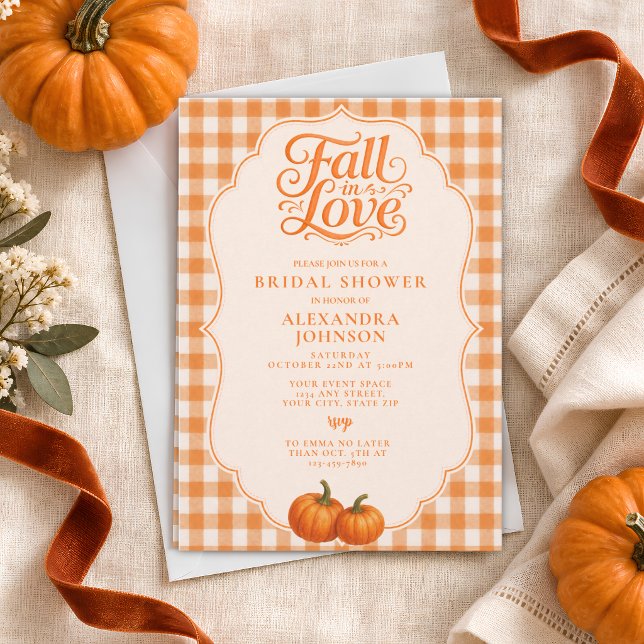 Convite Chá de Noiva Rustic Fall Pumpkin Laranja Xadrez (Criador carregado)