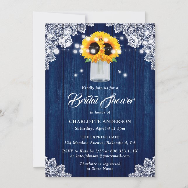 Convite Chá de Noiva Rustico Azul Marinho com Renda de Mad (Frente)