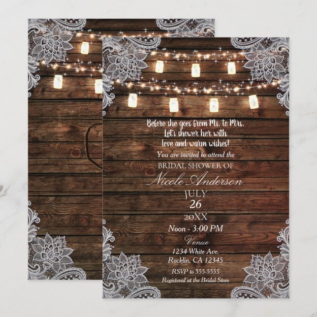 Convite Chá de Noiva Rústico com Madeira de Celeiro e Pote (Frente/Verso)