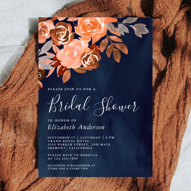 Convite Chá de Noiva Rústico Terracota Floral Azul Naval (Criador carregado)