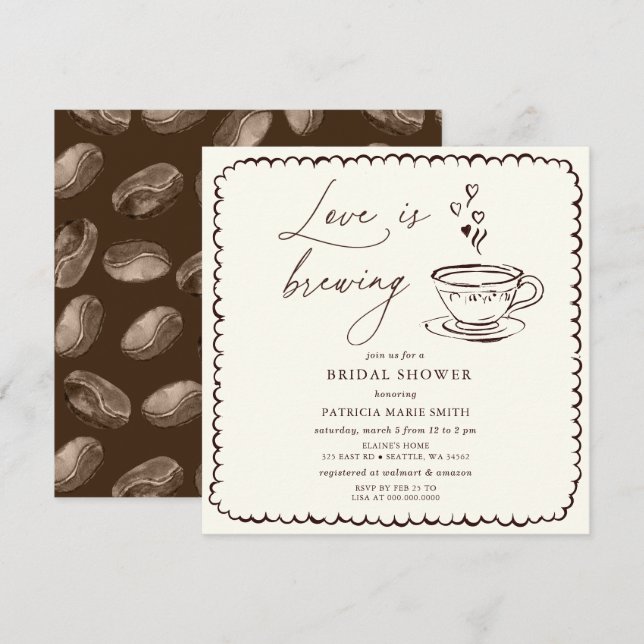 Convite Chá de Noiva Simple Love is Brewing Coffee (Frente/Verso)