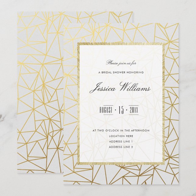 Convite Chá de Noiva Sofisticado Dourado e Branco (Frente/Verso)