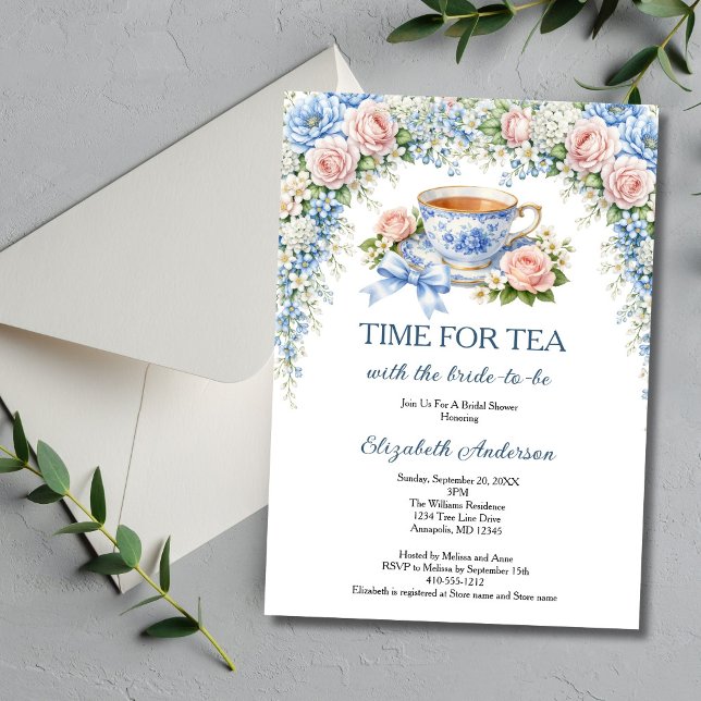 Convite Chá de Noiva Tema Festa do Chá, Florais de Jardim  (Time For Tea with the Bride to be. Bridal Shower Tea Party Invitation. Pink Blue Florals. )