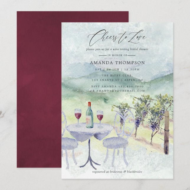 Convite Chá de Noiva temático de Degustação de Vinho com A (Frente/Verso)