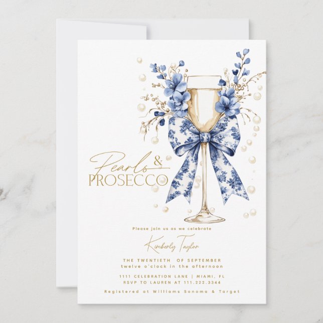 Convite Chá de Noiva Toile Bow Floral Pérolas & Prosecco (Frente)