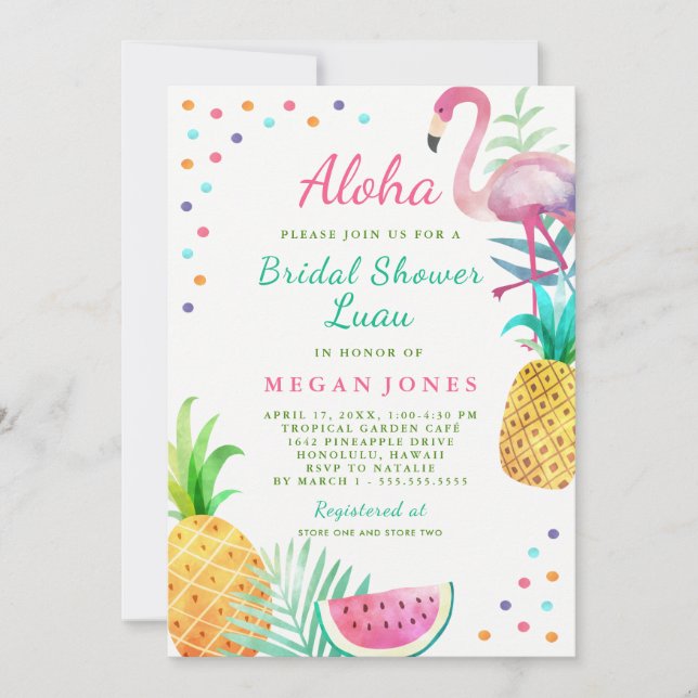 Convite Chá de Noiva Tropical Flamingo Abacaxi Luau (Frente)