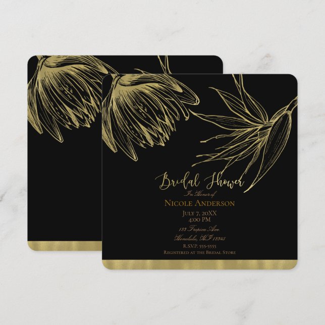 Convite Chá de Noiva Tropical Moderno com Dourado e Preto  (Frente/Verso)