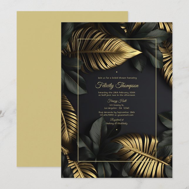 Convite Chá de Noiva Tropical Preto e Dourado (Frente/Verso)