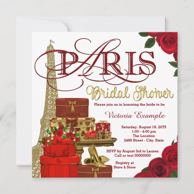 Convite Chá de Noiva Vermelho e Dourado de Paris (Frente)