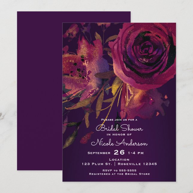 Convite Chá de Noiva Vinho Borgonha Floral Rosa Roxo (Frente/Verso)