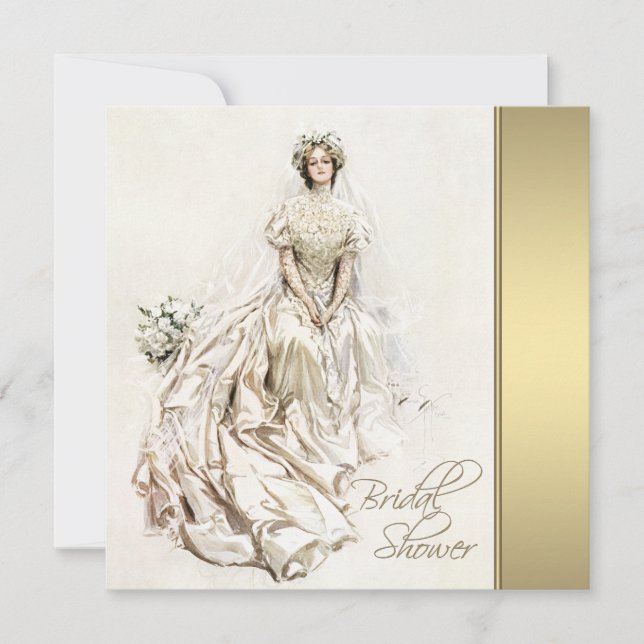 Convite Chá de Noiva Vintage Branco e Dourado (Frente)