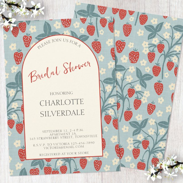 Convite Chá de Noiva Vintage Morango Silvestre (Vintage inspired wild strawberry plant bridal shower invitation)