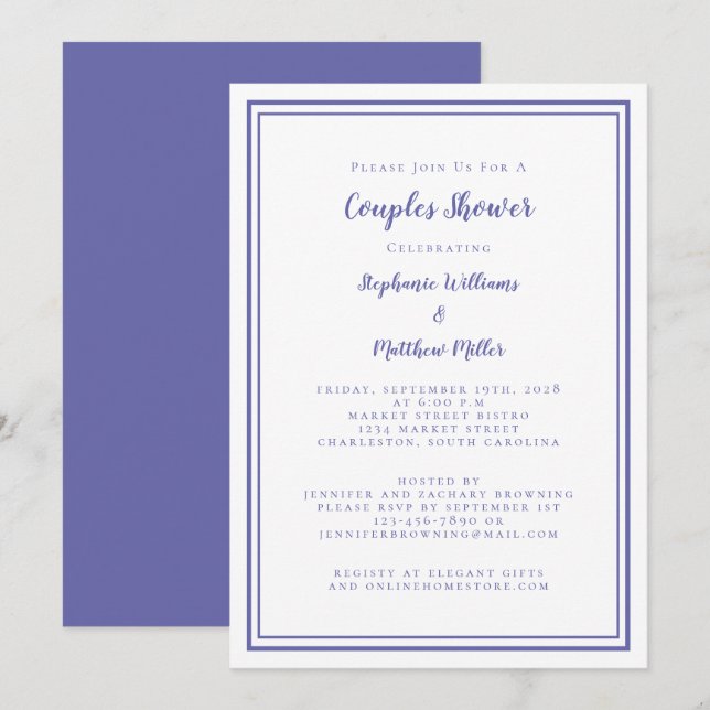 Convite Chá de Noivado Casal Engajamento Azul Periwinkle (Frente/Verso)
