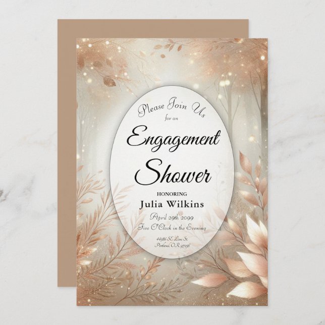 Convite Chá de Noivado florestal entalado de ouro Rosewood (Frente/Verso)