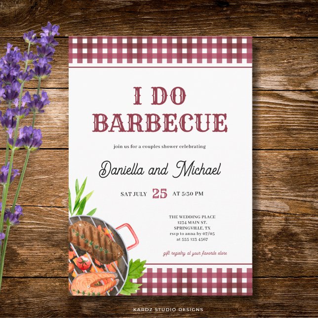 Convite Chá de Noivado Rústico Casual Eu Caso Churrasco (The front of the invitation is shown at a 5x7 inch size. Choose size, paper, + corner style.)
