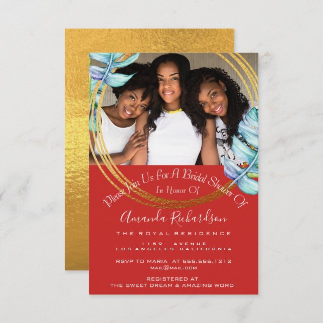 Convite Chá de panela 16ª Foto Vermelho Dourado Azul (Frente/Verso)