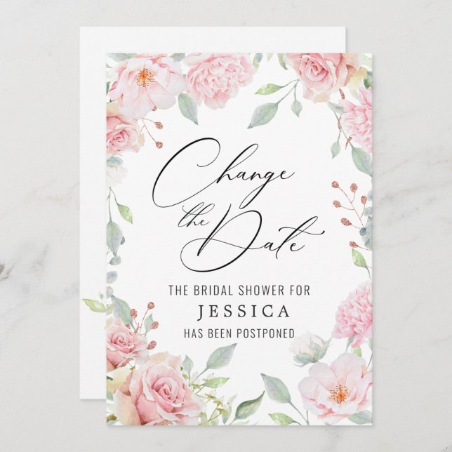 Convite Chá de panela adiado Data Elegante Rosas de Blush  (Frente/Verso)