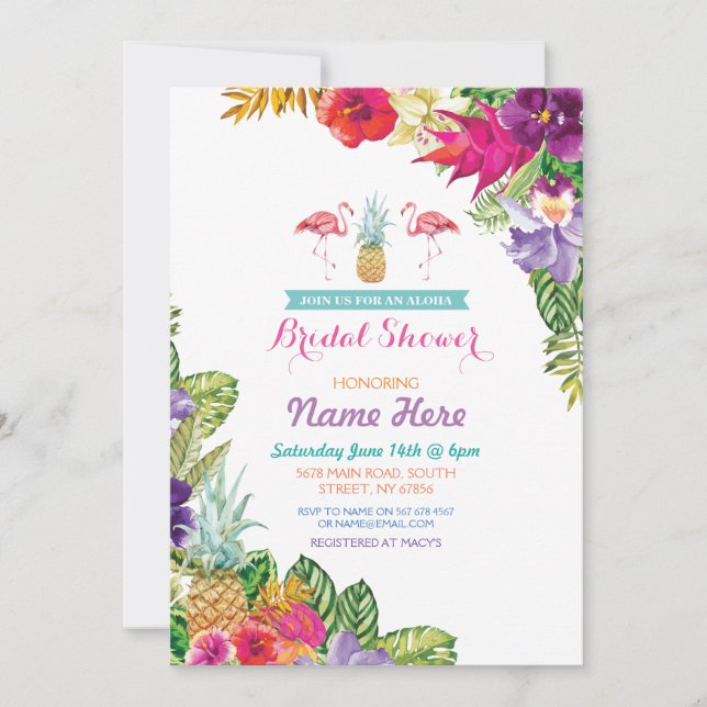 Convite Chá de panela Aloha Luau Flamingo Invite (Frente)