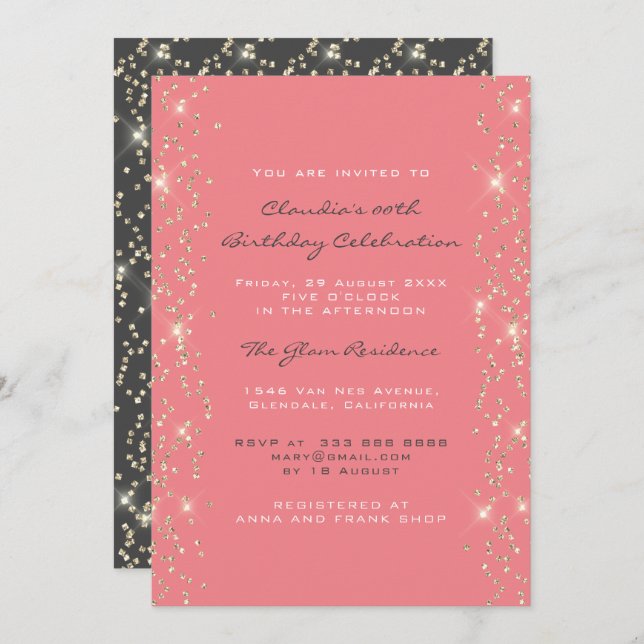 Convite Chá de panela Aniversário Coral Confetti Cinza Ros (Frente/Verso)