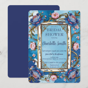 Convite Chá de panela antigo de Peony Azul e Rosa