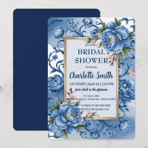 Convite Chá de panela antigo de Peony Moderno Azul