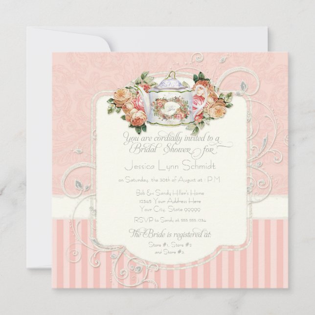 Convite Chá de panela antigo do buquê floral dos rosas do (Frente)