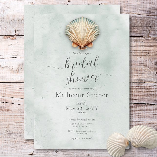 Convite Chá de panela Aqua de Seashell Costeiro Moderno (Modern Coastal Seashell Aqua Bridal Shower Invitation)