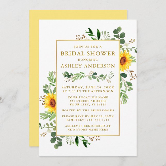 Convite Chá de panela Aquarela Verde Girassóis Dourados (Frente/Verso)