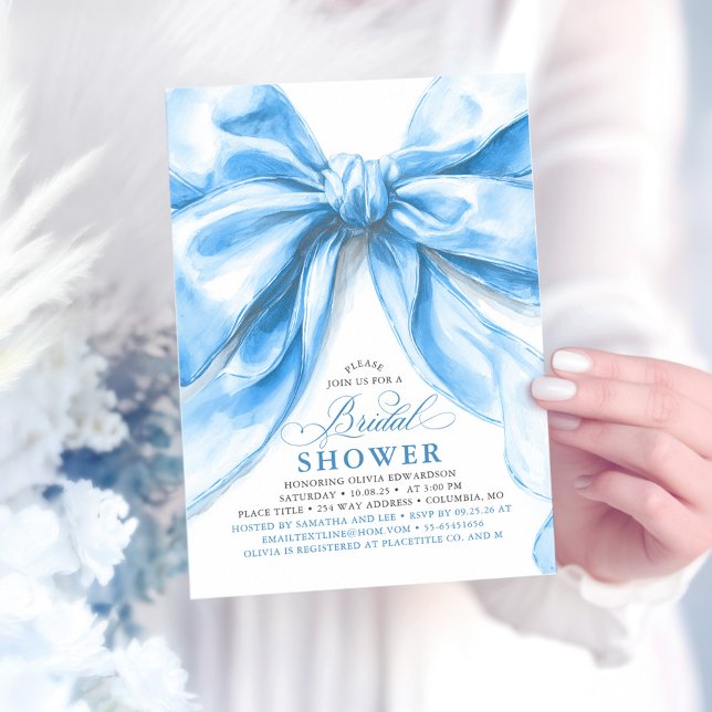 Convite Chá de panela Arco azul empoeirado Elegante (Blue Bow Bridal Shower Invitation)