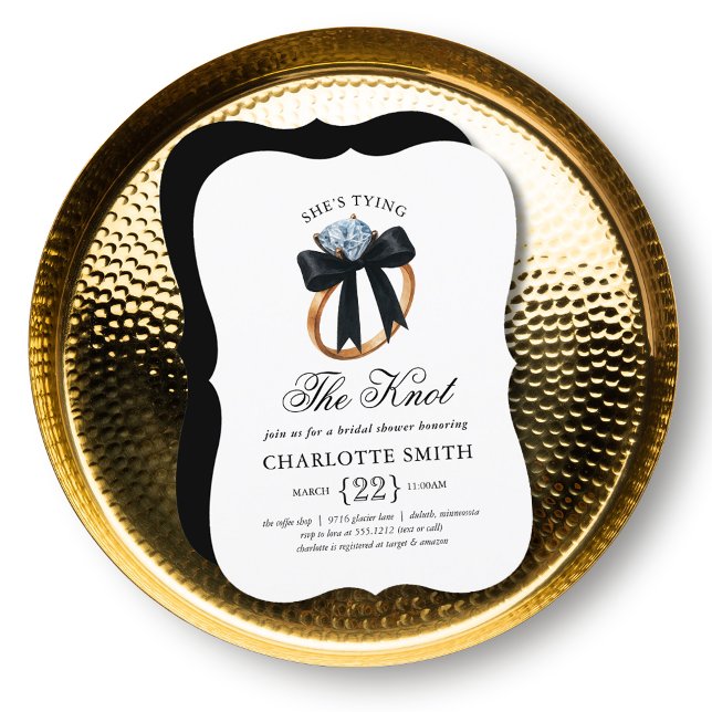 Convite Chá de panela Arco preto de Casando (She’s Tying the Knot Black Bow Diamond Ring Bridal Shower Invitation
#shestyingtheknot)
