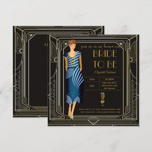 Convite Chá de panela Art Deco Flapper Roaring 20s (Frente/Verso)