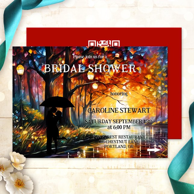 Convite Chá de panela Artístico Colorido Whimsical (Fun and unique colorful bridal shower invitation featuring a couple with umbrella)